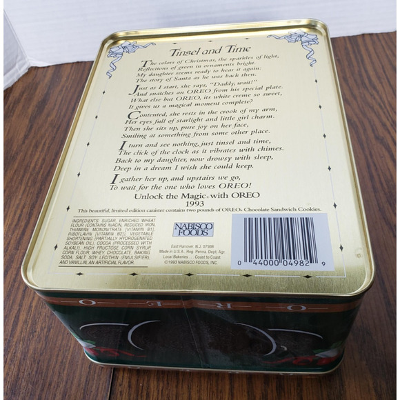1993 Oreo Cookie Tin Green Unlock the Magic Christmas Morning Santa Tree Vintage - Picture 6 of 10